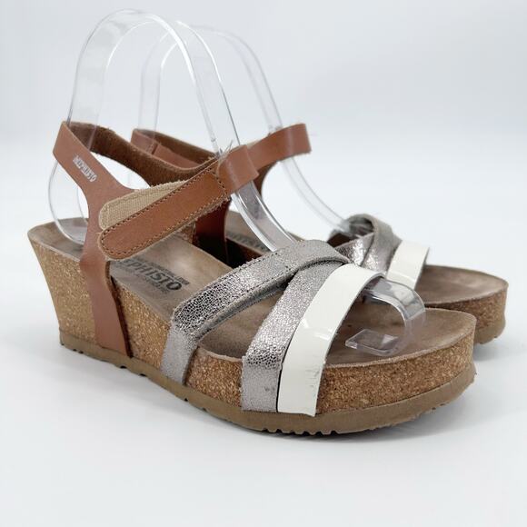 Mephisto Lesley Leather Cork Wedge Sandals Silver White Brown Womens EU 36 - Picture 3 of 9